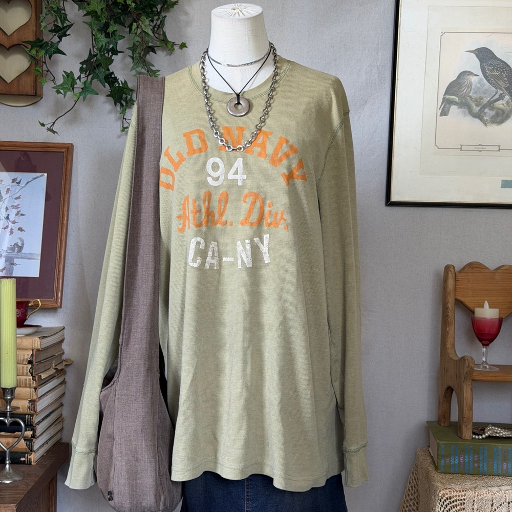 Old Navy Green Waffle Knit Thermal Shirt Graphic Indie Grunge XL Oversized Baggy